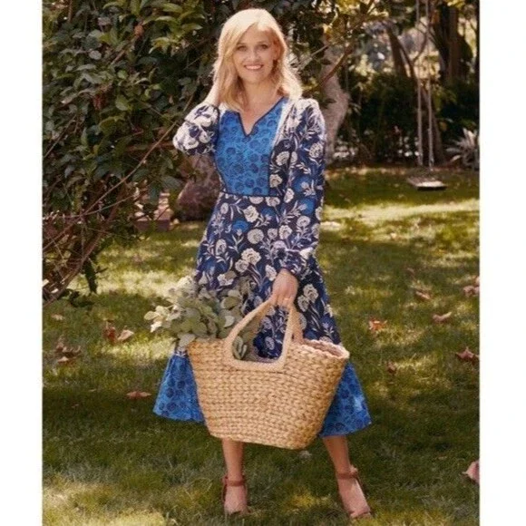 NEW Draper James Silk Midi Dress 12  Mixed Print Floral Blue - Picture 2 of 13